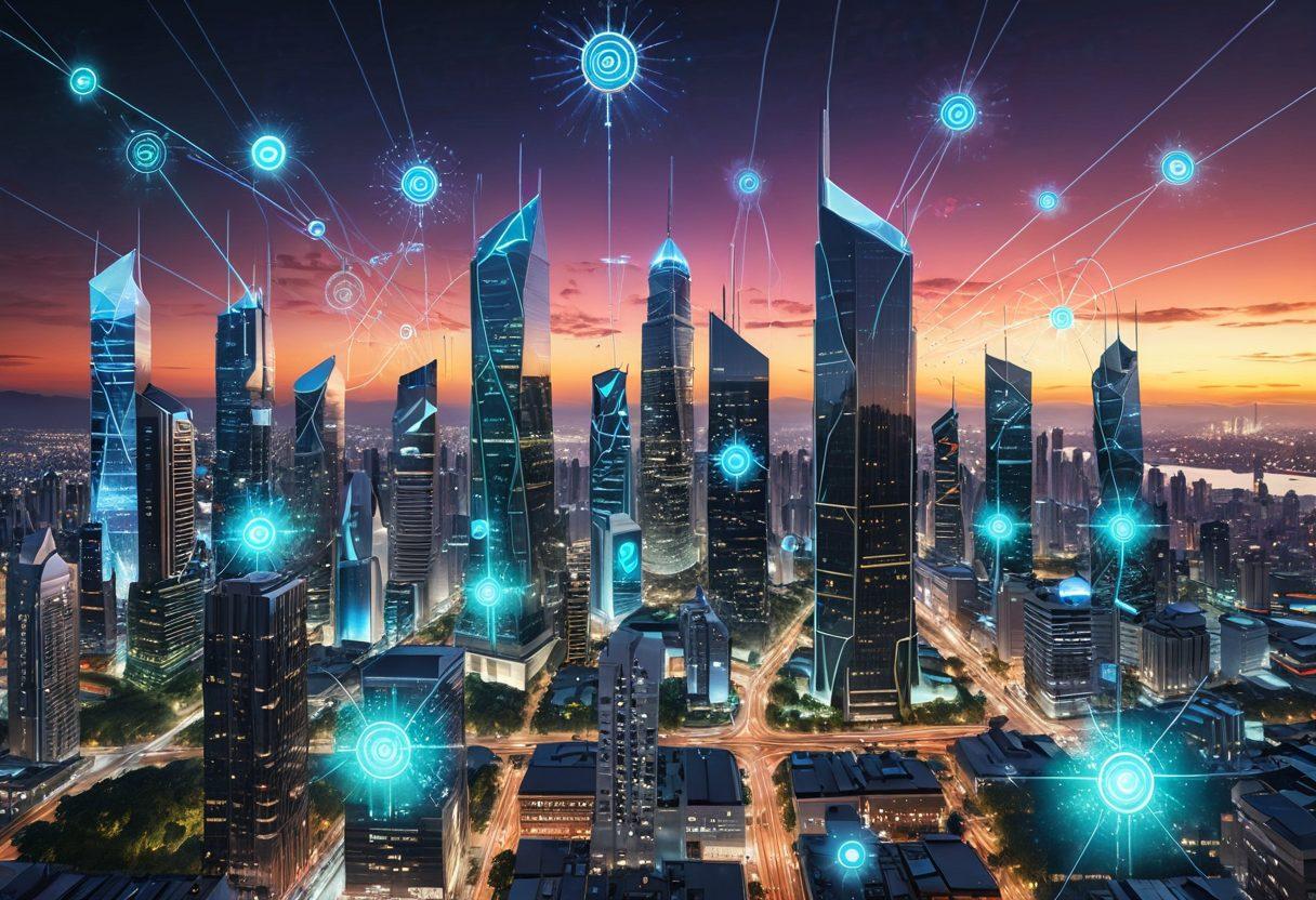 A digital representation of a futuristic city skyline with floating e-insurance symbols, interconnected with glowing networks, depicting risk management strategies. Incorporate diverse individuals analyzing data on holographic screens, surrounded by vibrant technology motifs. The scene should blend natural elements like lush greenery with high-tech aesthetics. super-realistic. vibrant colors. 3D.