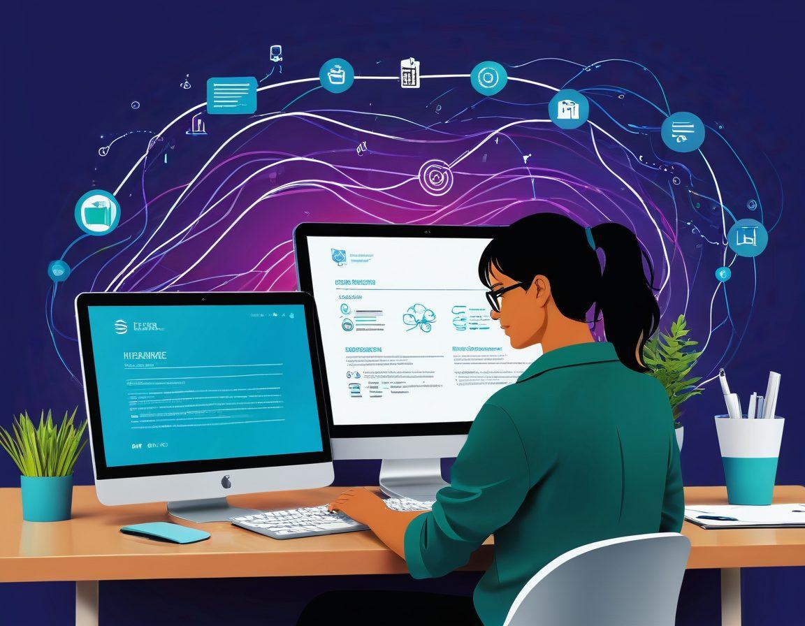 A digital landscape showcasing a seamless online insurance platform, featuring a sleek user interface with icons representing claims and settlements. Include a person happily interacting with a laptop, surrounded by flowing lines symbolizing data and connectivity. In the background, graphical representations of documents and fast transactions, emphasizing efficiency. The color palette should be modern and vibrant, with a blend of blues and greens to convey trust and innovation. vector art. vibrant colors.