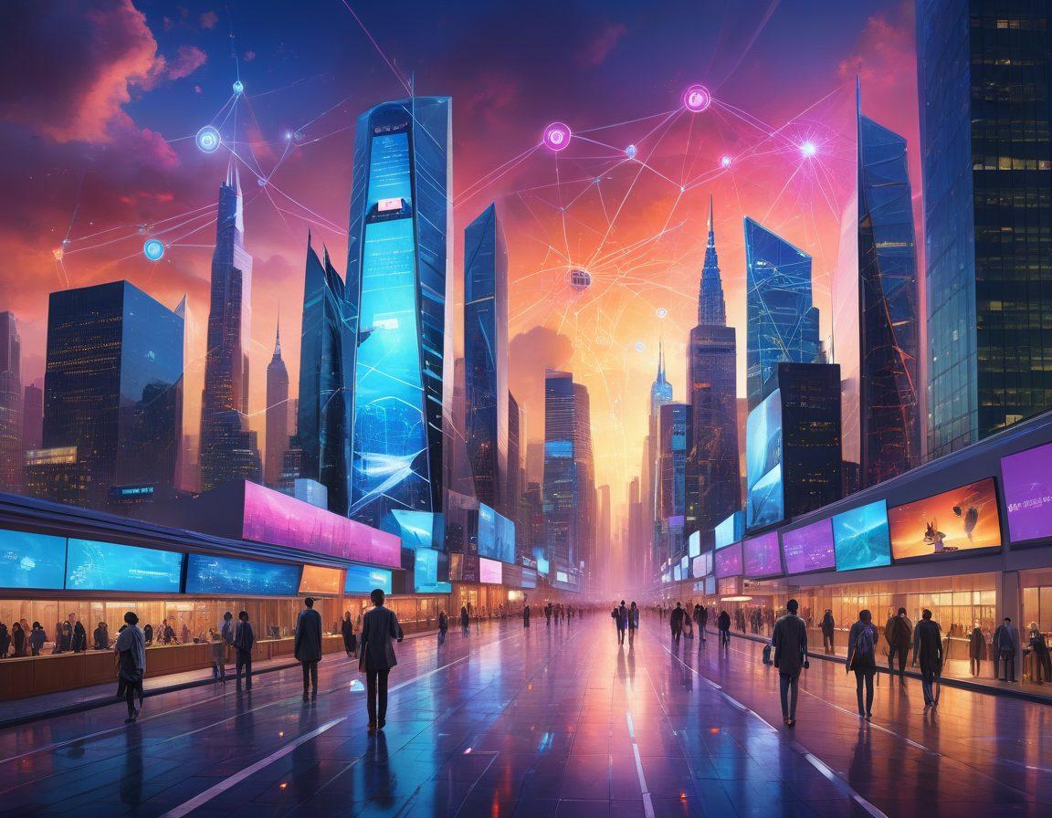A futuristic cityscape where digital insurance solutions are visualized as glowing networks connecting buildings, with digital screens displaying coverage options and risk management tools. People of diverse backgrounds engage with holographic interfaces, navigating their protection plans in real-time. The skyline is enhanced with a whimsical sky, integrating elements of technology and security. ethereal lighting. vibrant colors. super-realistic.